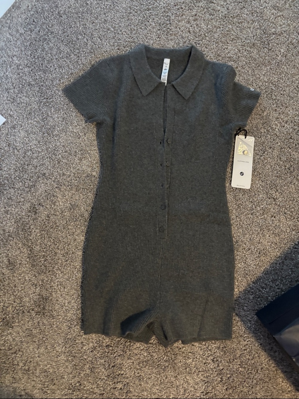 Alo cashmere ribbed Button-Front Short Sleeve Romper in Charcoal Gray